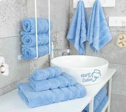 Роскошный набор из 6 полотенец American Soft Linen, 2 банных полотенца, 2 полотенца для рук, 2 салфетки, 600 GSM, 100% хлопок, турецкие полотенца для ванной, небесно-голубой - 3