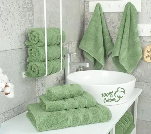 Роскошный набор полотенец из 6 предметов American Soft Linen, 2 банных полотенца, 2 полотенца для рук, 2 салфетки, 600 GSM, 100% турецкий хлопок для ванной, шалфейно-зеленый набор полотенец - 3