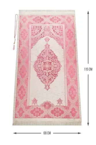 Роскошный светло-бежевый османский шениль молитвенный коврик с четками в подарок, фуксия-светлая фуксия - İHVAN (1)