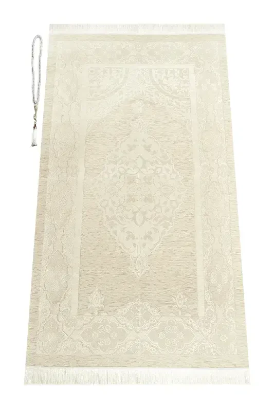 Роскошный светлый османский шёлковый коврик для молитвы, бирюзовый с чётками - İHVAN