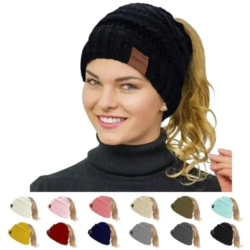 Rosoz 1 va 2 ta to'plam ayollar uchun ponytail shapkasi, qishki issiq sochlar uchun yumshoq streç kabel naqshli tartibsiz yuqori tugunli bosh kiyimi 