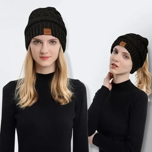 Rosoz 1 va 2 ta to'plam ayollar uchun ponytail shapkasi, qishki issiq sochlar uchun yumshoq streç kabel naqshli tartibsiz yuqori tugunli bosh kiyimi - 2