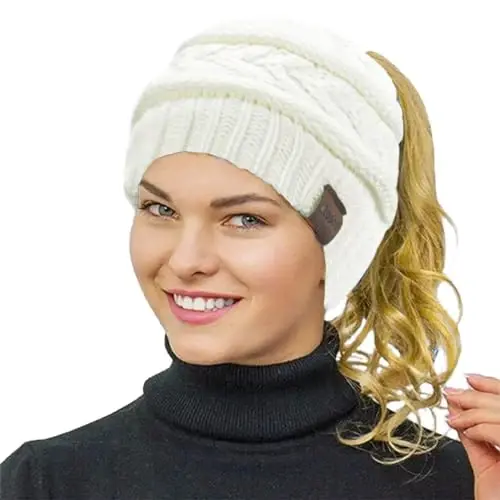 Rosoz 1&2 Packs Ayollar uchun Ponytail Beanie, Qishki iliq Beanie Dum Yumshoq Stretch Kabel Trikotaj Buzuq Yuqori Bun Shlyapa - 1