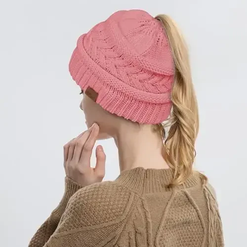 Rosoz 1&2 Packs Ayollar uchun Ponytail Beanie, Qishki iliq Beanie Dum Yumshoq Stretch Kabel Trikotaj Tartibsiz Yuqori Tugunli Shlyapa - 4