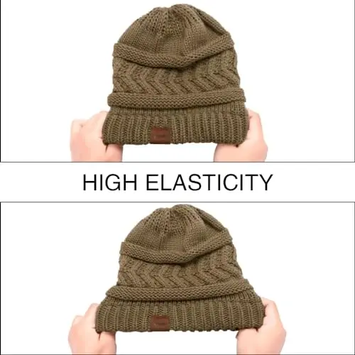 Rosoz 1&2 Packs Ayollar uchun Ponytail Beanie, Qishki iliq Beanie dumi Yumshoq cho'ziluvchan kabel trikotaj Buzuq yuqori tugunli shlyapa - 5