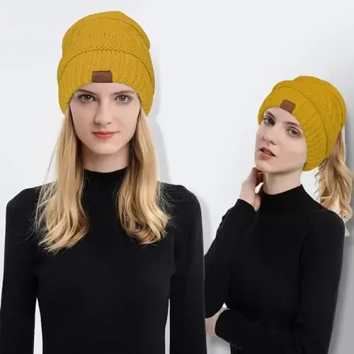 Rosoz 1&2 Packs Ayollar uchun Ponytail Beanie, Qishki iliq Beanie dumi Yumshoq cho'ziluvchan kabel trikotaj Buzuq yuqori tugunli shlyapa - ROSOZ (1)