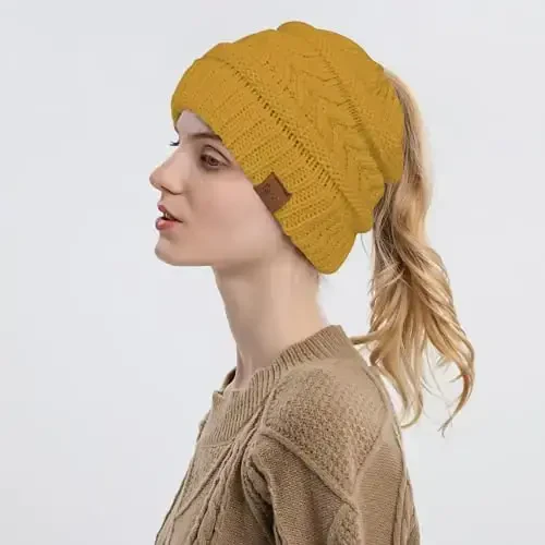 Rosoz 1&2 Packs Ayollar uchun Ponytail Beanie, Qishki iliq Beanie dumi Yumshoq cho'ziluvchan kabel trikotaj Buzuq yuqori tugunli shlyapa - 3