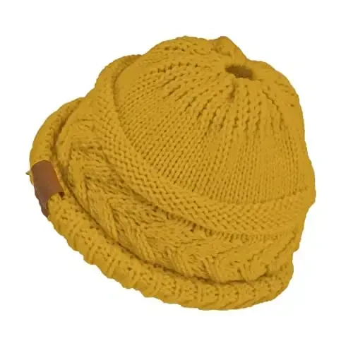 Rosoz 1&2 Packs Ayollar uchun Ponytail Beanie, Qishki iliq Beanie dumi Yumshoq cho'ziluvchan kabel trikotaj Buzuq yuqori tugunli shlyapa - 6