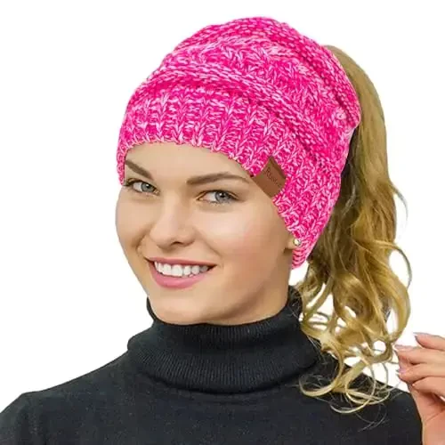 Rosoz 1&2 Packs Ayollar uchun Ponytail Beanie, Qishki Iliq Beanie Dumli Yumshoq Cho'zilgan Kabel Trikotaj Tartibsiz Yuqori Tugunli Shlyapa 