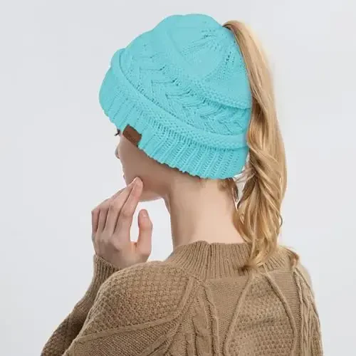 Rosoz 1&2 Packs Ayollar uchun Ponytail Beanie, Qishki Iliq Beanie Dumli Yumshoq Cho'zilgan Kabel Trikotaj Tartibsiz Yuqori Tugunli Shlyapa - 4