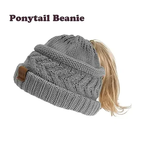 Rosoz 1&2 Packs Ayollar uchun Ponytail Beanie, Qishki iliq Beanie dumli yumshoq cho'ziluvchan kabel trikotaj tartibsiz yuqori bun shlyapa - 2