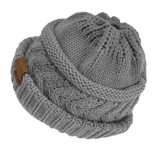 Rosoz 1&2 Packs Ayollar uchun Ponytail Beanie, Qishki iliq Beanie dumli yumshoq cho'ziluvchan kabel trikotaj tartibsiz yuqori bun shlyapa - 10