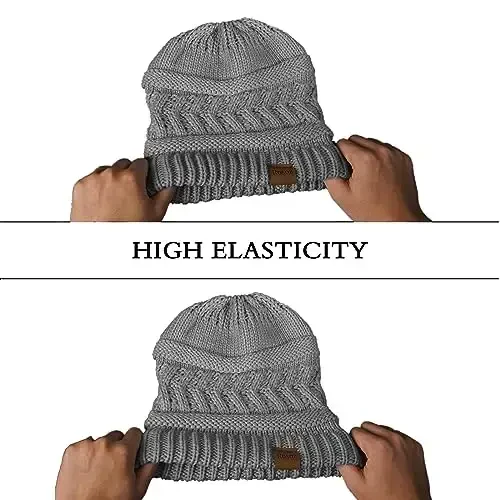 Rosoz 1&2 Packs Ayollar uchun Ponytail Beanie, Qishki iliq Beanie dumli yumshoq cho'ziluvchan kabel trikotaj tartibsiz yuqori bun shlyapa - 4