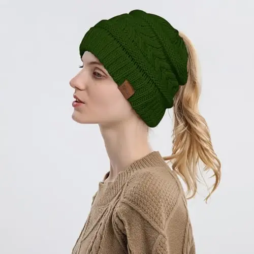 Rosoz 1&2 Packs Ayollar uchun Ponytail Beanie, Qishki iliq Beanie Quyruq Yumshoq Cho'ziluvchan Kabel Trikotaj Tartibsiz Yuqori Buloqli Shlyapa - 3
