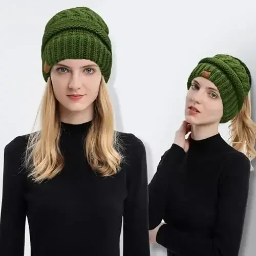 Rosoz 1&2 Packs Ayollar uchun Ponytail Beanie, Qishki iliq Beanie Quyruq Yumshoq Cho'ziluvchan Kabel Trikotaj Tartibsiz Yuqori Buloqli Shlyapa - 2