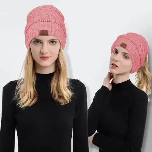 Rosoz 1&2 Packs Ayollar uchun Ponytail Beanie, Qishki iliq Beanie Quyruq Yumshoq Cho'ziluvchan Kabel Trikotaj Tartibsiz Yuqori Bun Shlyapa - 2