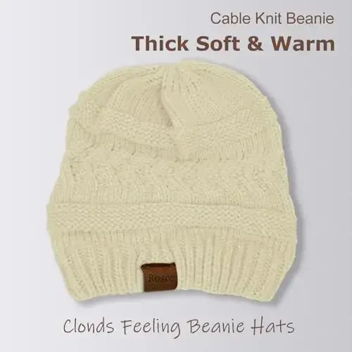 Rosoz 1&2 Packs Ayollar uchun Ponytail Beanie, Qishki Iliq Beanie Quyruq Yumshoq Cho'ziluvchan Kabel Trikotaj Tartibsiz Yuqori Tugunli Shlyapa - 3