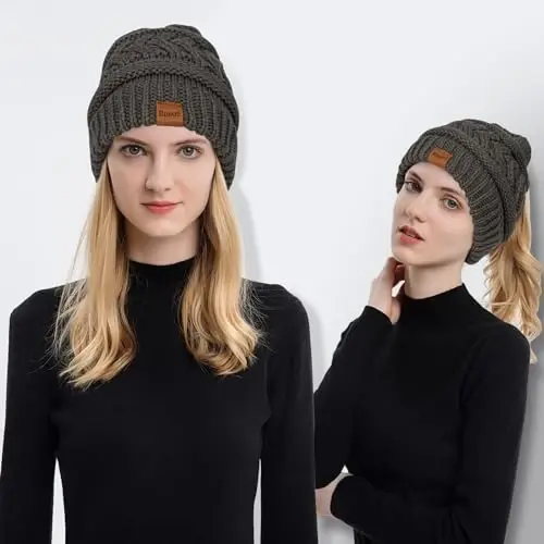 Rosoz 1&2 Packs Ayollar uchun Ponytail Beanie, Qishki iliq Beanie Quyruq Yumshoq Stretch Kabel Trikotaj Buzuq Yuqori Tugun Shlyapa - ROSOZ (1)