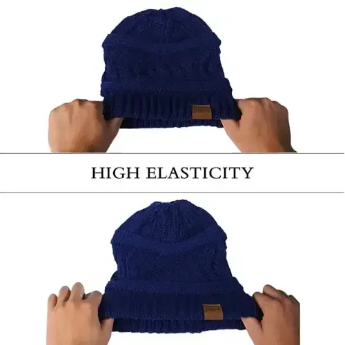 Rosoz 1&2 Packs Ayollar uchun Ponytail Beanie, Qishki iliq Beanie Quyruq Yumshoq Stretch Kabel Trikotaj Buzuq Yuqori Tugun Shlyapa - 5