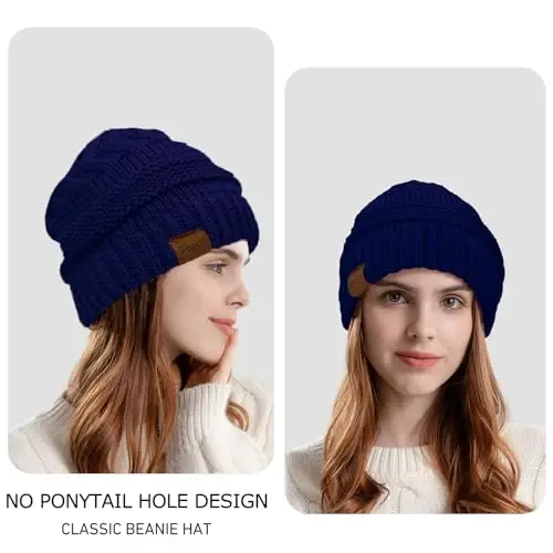 Rosoz 1&2 Packs Ayollar uchun Ponytail Beanie, Qishki iliq Beanie Tail Yumshoq cho'ziluvchan kabel trikotaj Messy High Bun Shlyapa - 2
