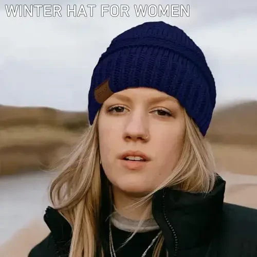 Rosoz 1&2 Packs Ayollar uchun Ponytail Beanie, Qishki iliq Beanie Tail Yumshoq cho'ziluvchan kabel trikotaj Messy High Bun Shlyapa - 5