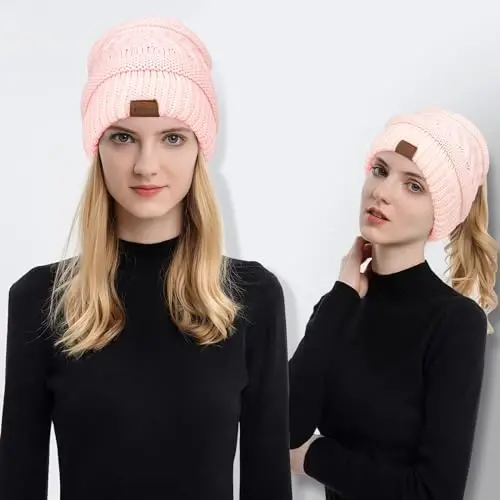 Rosoz 1&2 Packs Ayollar uchun Ponytail Beanie, Qishki iliq Beanie Tail Yumshoq cho'ziluvchan kabel trikotaj tartibsiz yuqori tugunli shapka - 2