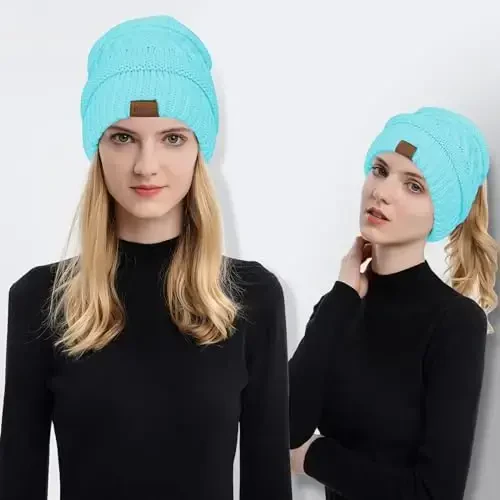 Rosoz 1&2 Packs Ayollar uchun Ponytail Beanie, Qishki iliq Beanie Tail Yumshoq cho'ziluvchan kabel trikotaj Tartibsiz yuqori tugunli shapka - 2