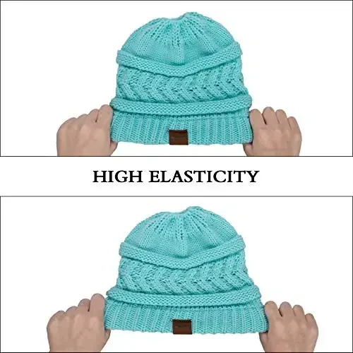 Rosoz 1&2 Packs Ayollar uchun Ponytail Beanie, Qishki iliq Beanie Tail Yumshoq cho'ziluvchan kabel trikotaj Tartibsiz yuqori tugunli shapka - 6