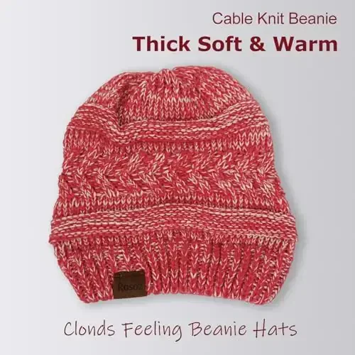 Rosoz 1&2 Packs Ayollar uchun Ponytail Beanie, Qishki iliq Beanie Tail Yumshoq Stretch Cable Knit Tartibsiz Yuqori Chokili Shlyapa - 3