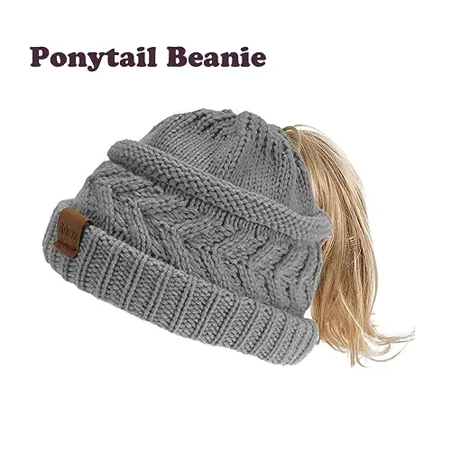 Rosoz 1&2 Packs Ayollar uchun Ponytail Beanie, Qishki Iliq Beanie Dum Yumshoq Cho'ziluvchan Kabel Trikotaj Buzuq Yuqori Bun Shlyapa - 8