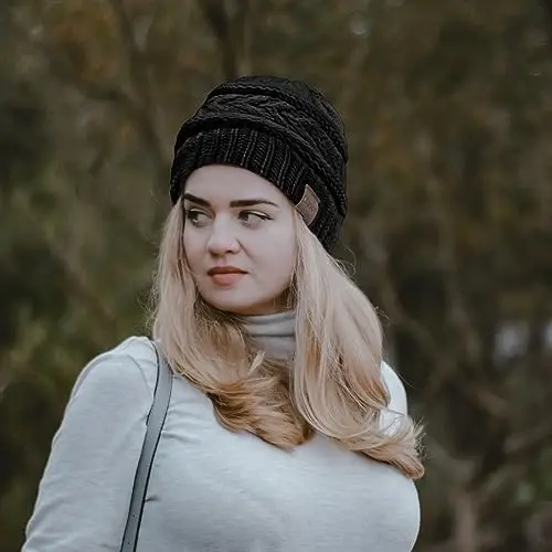 Rosoz 1&2 Packs Ayollar uchun Ponytail Beanie, Qishki Iliq Beanie Dum Yumshoq Cho'ziluvchan Kabel Trikotaj Buzuq Yuqori Bun Shlyapa - 12
