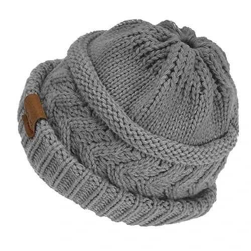 Rosoz 1&2 Packs Ayollar uchun Ponytail Beanie, Qishki Iliq Beanie Dum Yumshoq Cho'ziluvchan Kabel Trikotaj Buzuq Yuqori Bun Shlyapa - 3