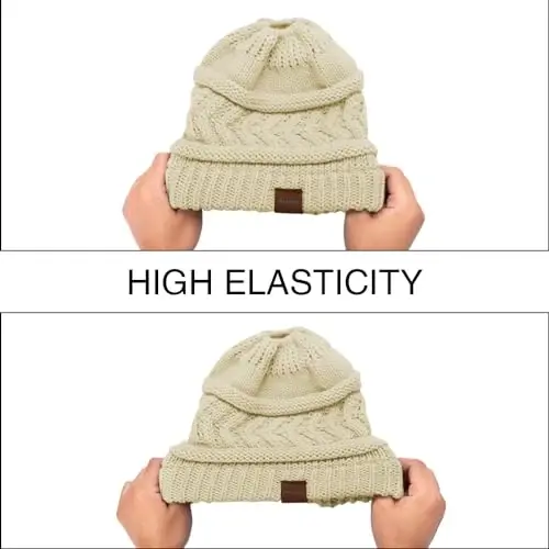 Rosoz 1&2 Packs Ayollar uchun Ponytail Beanie, Qishki Issiq Beanie Dum Yumshoq Stretch Kabel Triko Tartibsiz Yuqori Soch Turmagi Shlyapa - 5