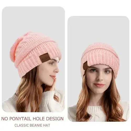 Rosoz 1&2 Packs Ayollar uchun Ponytail Beanie, Qishki Issiq Beanie Quyruq Yumshoq Cho'ziluvchan Kabel Trikotaj Tartibsiz Yuqori Bun Shlyapa - 9
