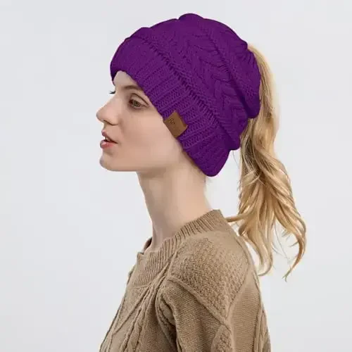Rosoz 1&2 Packs Ayollar uchun Ponytail Beanie, Qishki Issiq Beanie Quyruq Yumshoq Cho'ziluvchan Kabel Trikotaj Tartibsiz Yuqori Chignon Shlyapa - 3