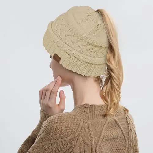 Rosoz 1&2 Packs Ayollar uchun Ponytail Beanie, Qishki Issiq Beanie Quyruq Yumshoq Cho'ziluvchan Kabel Trikotaj Tartibsiz Yuqori To'p Shlyapa - 4