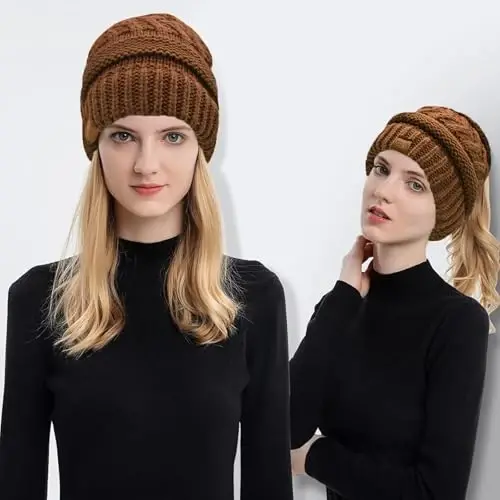 Rosoz 1&2 Packs Ayollar uchun Ponytail Beanie, Qishki Issiq Beanie Quyruq Yumshoq Cho'ziluvchan Kabel Trikotaj Tartibsiz Yuqori Tugunli Shlyapa - 2