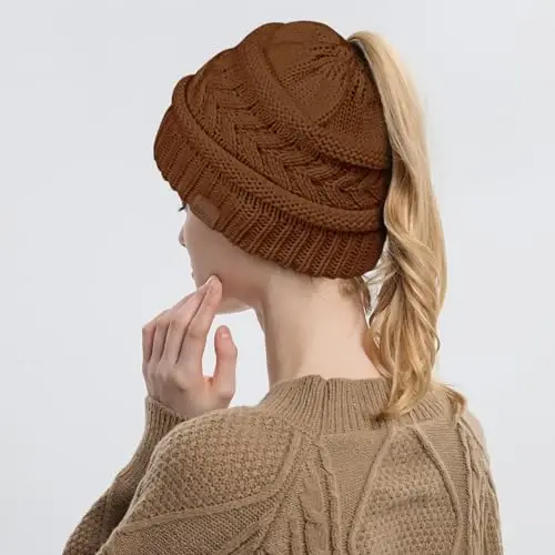 Rosoz 1&2 Packs Ayollar uchun Ponytail Beanie, Qishki Issiq Beanie Quyruq Yumshoq Cho'ziluvchan Kabel Trikotaj Tartibsiz Yuqori Tugunli Shlyapa - 4