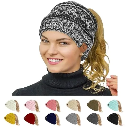 Rosoz 1&2 Packs Ayollar uchun Ponytail Beanie, Qishki Issiq Beanie Quyruq Yumshoq Stretch Kabel Trikotaj Tartibsiz Yuqori Bun Shlyapa - 1