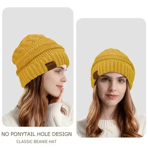 Rosoz 1&2 Packs Ayollar uchun Ponytail Beanie, Qishki Issiq Beanie Quyruq Yumshoq Stretch Kabel Trikotaj Tartibsiz Yuqori Chichek Shlyapa - 2