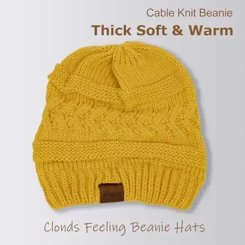 Rosoz 1&2 Packs Ayollar uchun Ponytail Beanie, Qishki Issiq Beanie Quyruq Yumshoq Stretch Kabel Trikotaj Tartibsiz Yuqori Chichek Shlyapa - 3