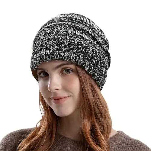 Rosoz 1&2 Packs Ayollar uchun Ponytail Beanie, Qishki Issiq Beanie Quyruq Yumshoq Stretch Kabel Trikotaj Tartibsiz Yuqori Tugun Shlyapa - 1
