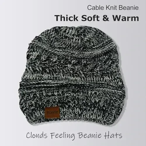 Rosoz 1&2 Packs Ayollar uchun Ponytail Beanie, Qishki Issiq Beanie Quyruq Yumshoq Stretch Kabel Trikotaj Tartibsiz Yuqori Tugun Shlyapa - 3
