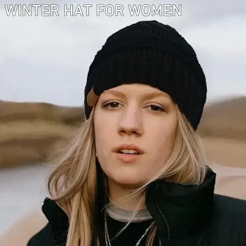 Rosoz 1&2 Packs Ayollar uchun Ponytail Beanie, Qishki Issiq Beanie Tail Yumshoq Stretch Kabel Trikotaj Tartibsiz Yuqori Bun Shlyapa - 5