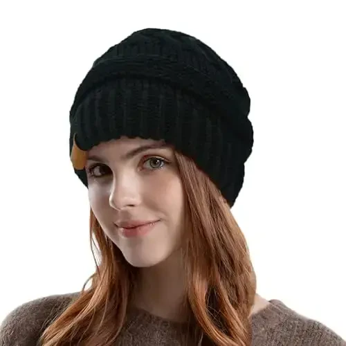 Rosoz 1&2 Packs Ayollar uchun Ponytail Beanie,Qishki Issiq Beanie Tail Yumshoq Cho'ziluvchan Kabel Trikotaj Tartibsiz Yuqori Bun Shlyapa - 1