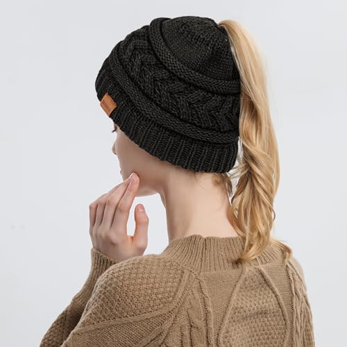 Rosoz 1&2 Packs Ponytail Beanie for Women,Winter Warm Beanie Tail Soft Stretch Cable Knit Messy High Bun Hat - 4