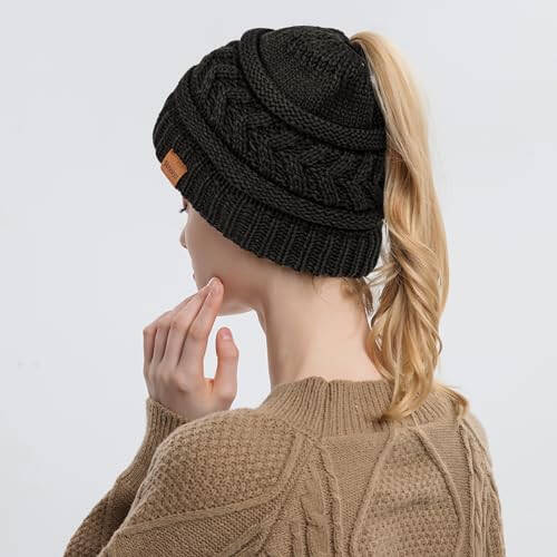 Rosoz 1&2 Packs Ponytail Beanie for Women,Winter Warm Beanie Tail Soft Stretch Cable Knit Messy High Bun Hat - 4