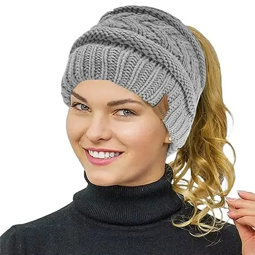 Rosoz 1&2 Packs Ponytail Beanie for Women,Winter Warm Beanie Tail Soft Stretch Cable Knit Messy High Bun Hat 