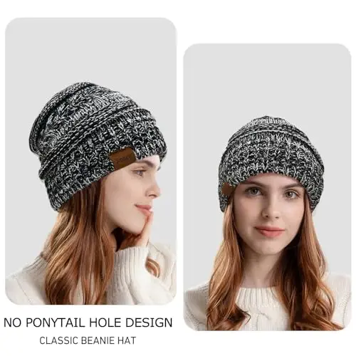 Rosoz 1&2 Packs Ponytail Beanie for Women,Winter Warm Beanie Tail Soft Stretch Cable Knit Messy High Bun Hat - ROSOZ (1)