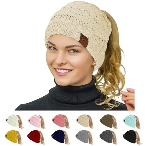 Rosoz 1&2 Packs Ponytail Beanie for Women,Winter Warm Beanie Tail Soft Stretch Cable Knit Messy High Bun Hat 